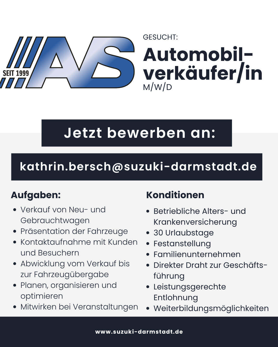 Stellenausschreibung Automobilverkäufer/in (m/w/d) - AVS Suzuki Darmstadt